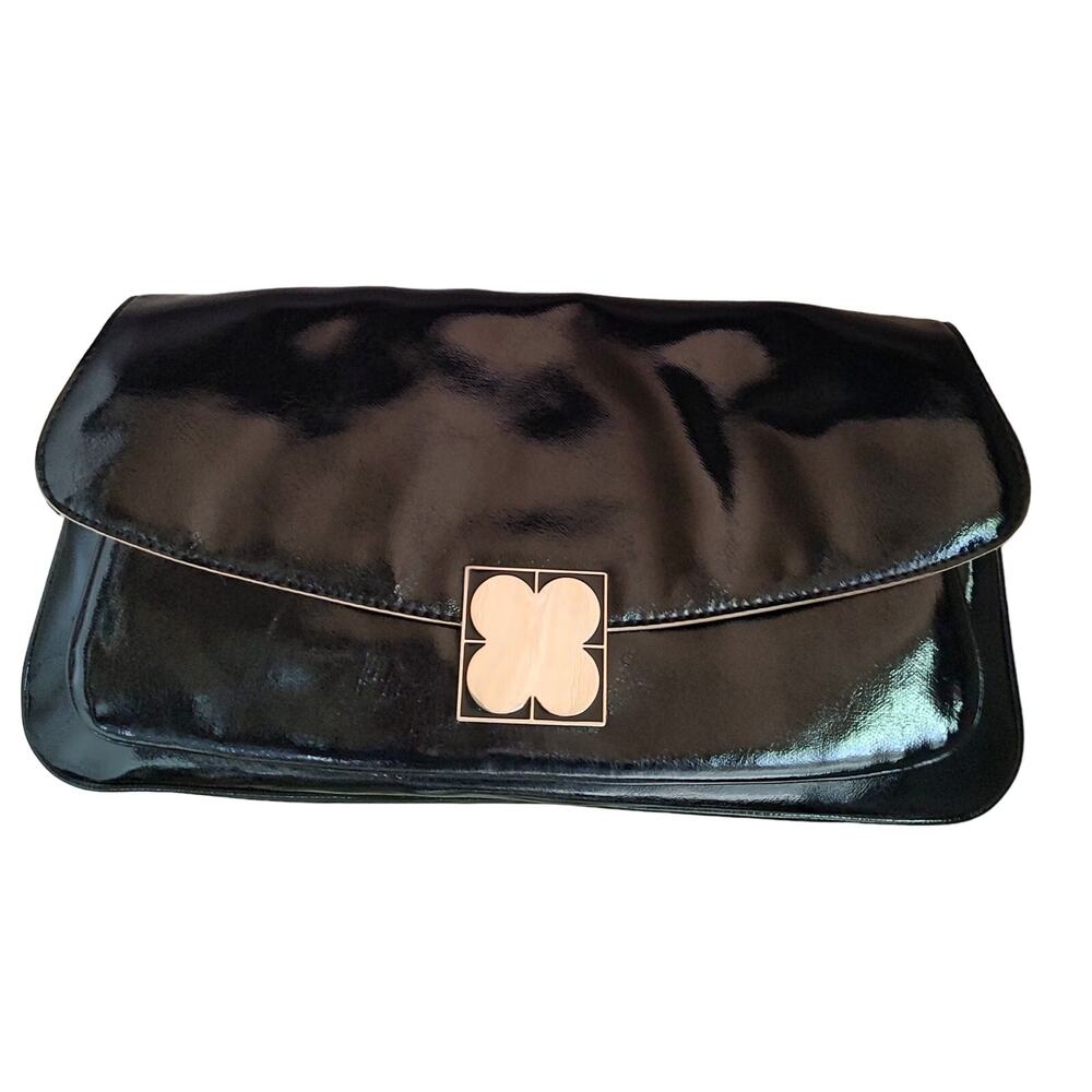 Liz Claiborne New York - Black Faux Patent Leather Silver Clover Large Clutch